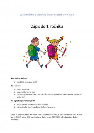 Zápis do 1. ročníku - ZŠ Rapšach